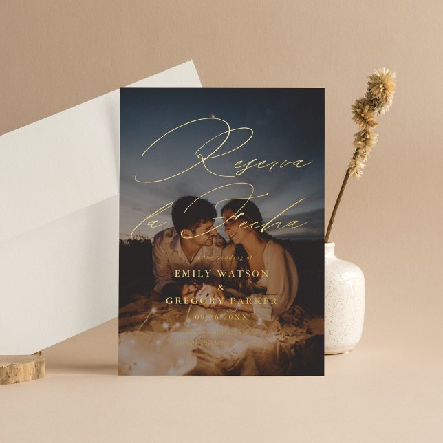 Modern Minimal Calligraphy Photo Reserva la Fecha Foil Invitation (Creator Uploaded)