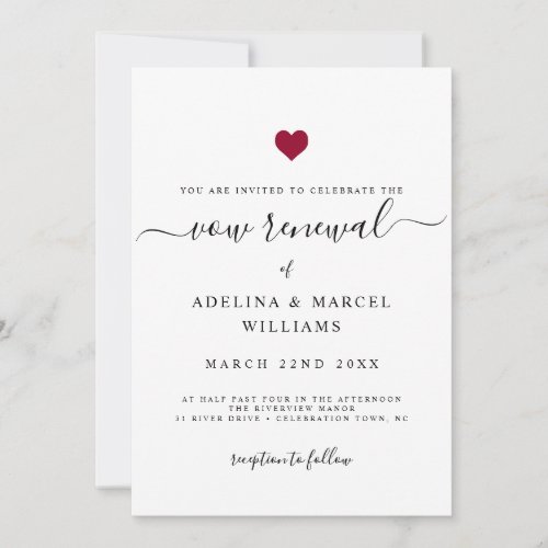 Modern Minimal Calligraphy Red Heart Vow Renewal Invitation