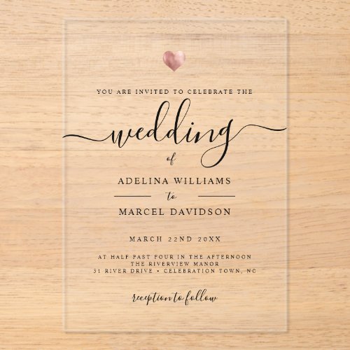 Modern Minimal Calligraphy Rose Gold Heart Wedding Acrylic Invitations
