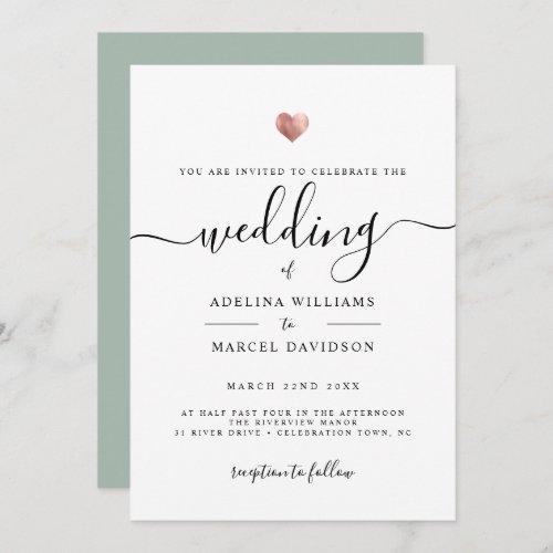 Modern Minimal Calligraphy Rose Gold Heart Wedding Invitation