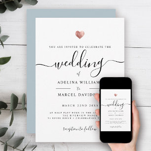 Modern Minimal Calligraphy Rose Gold Heart Wedding Invitation