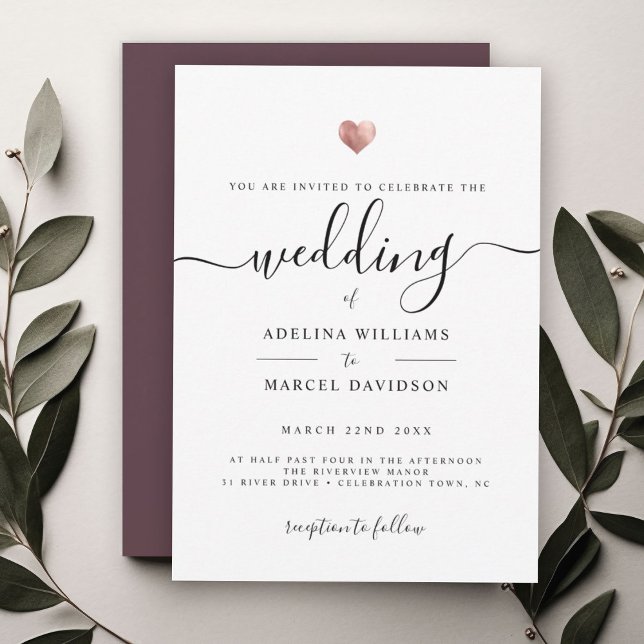 Modern Minimal Calligraphy Rose Gold Heart Wedding Invitation (Creator Uploaded)
