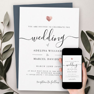Modern Minimal Calligraphy Rose Gold Heart Wedding Invitation