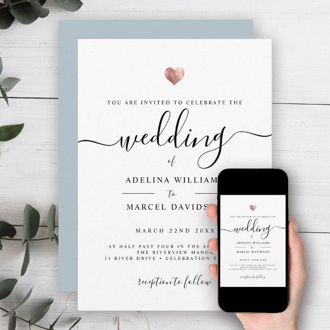 Modern Minimal Calligraphy Rose Gold Heart Wedding Invitation (Creator Uploaded)