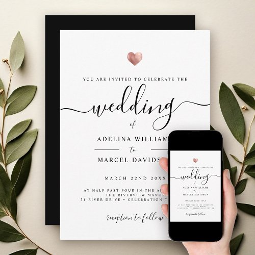 Modern Minimal Calligraphy Rose Gold Heart Wedding Invitation