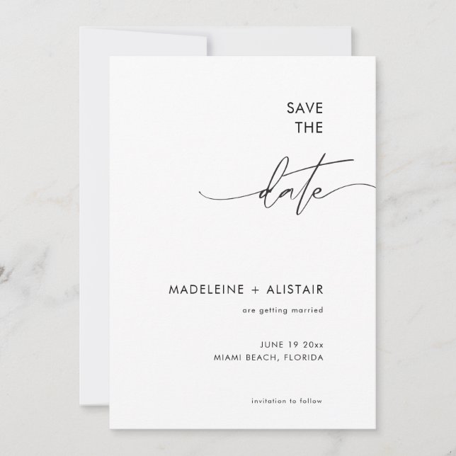Modern Minimal Calligraphy Script Black White Save The Date (Front)