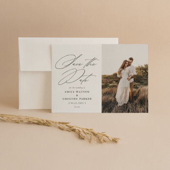 Modern Minimal Calligraphy Wedding Photo Save The Date by NBpaperco at Zazzle