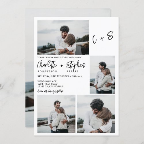 Modern minimal casual initials 5 photos wedding invitation