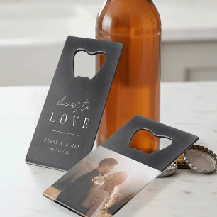 Modern Minimal Cheers to Love Photo Wedding Credit Card Bottle Opener