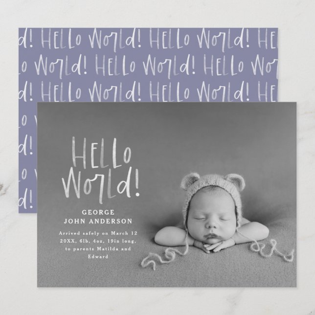 Modern minimal chic purple typography photo birth announcement (Front/Back)