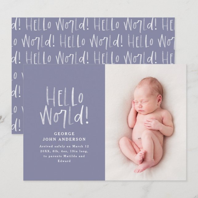 Modern minimal chic purple typography photo birth announcement (Front/Back)