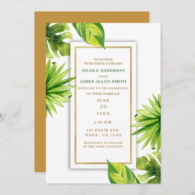 Modern Minimal Chic Tropical Green Leaves Wedding Invitation (Front/Back)