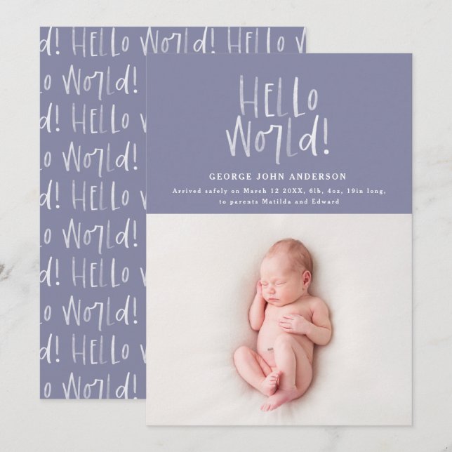 Modern minimal chic typography lilac photo birth announcement (Front/Back)