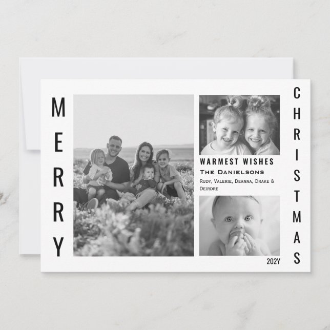 Modern Minimal Christmas 3 Photo Black & White Holiday Card (Front)