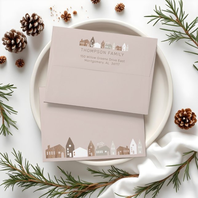 Modern Minimal Christmas Boho Village Personalized Envelope (Cozy Family Modern Minimal Christmas Village Envelope)