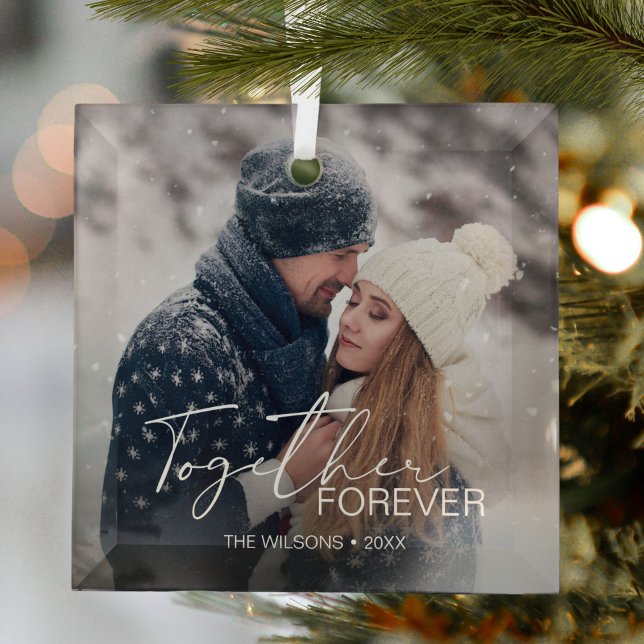 Modern Minimal Christmas Couple Photo Glass Ornament (Creator Uploaded)