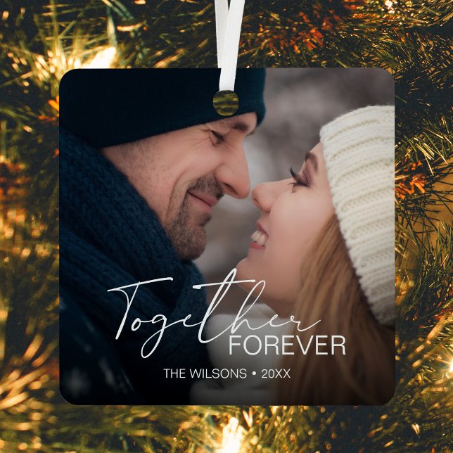 Modern Minimal Christmas Couple Photo Metal Ornament (Creator Uploaded)