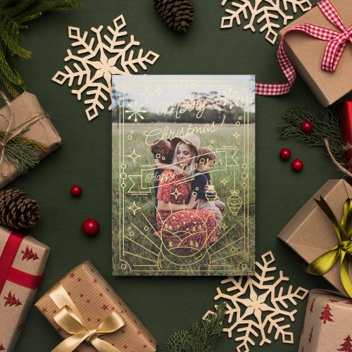 Modern Minimal Christmas Line Art  5 Photo Foil Holiday Card