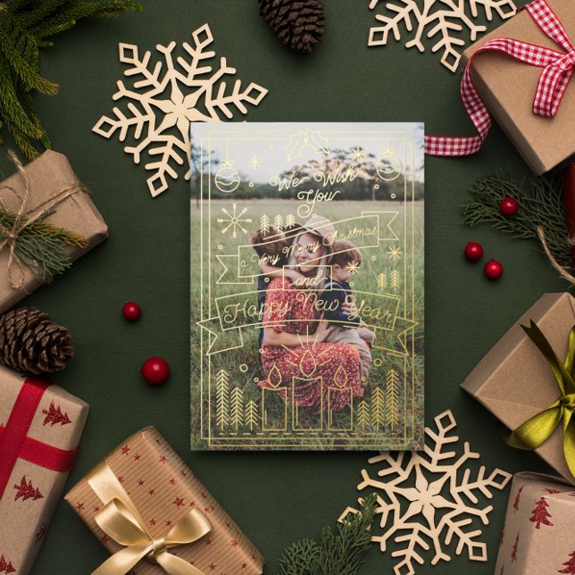 Modern Minimal Christmas Line Art | 5 Photo  Foil Holiday Card (Creator Uploaded)