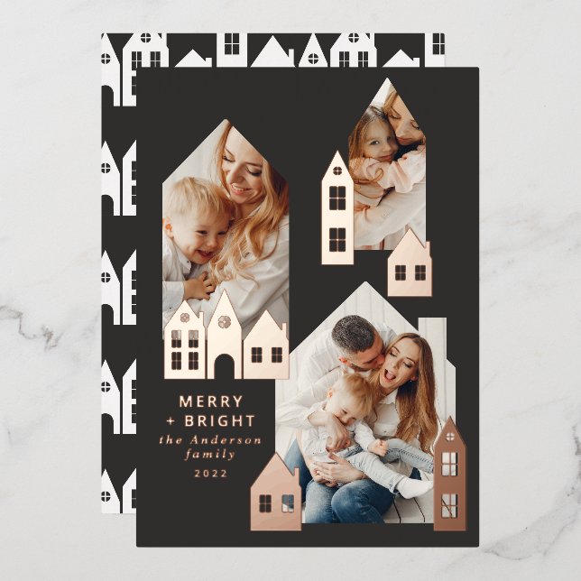 Modern minimal Christmas Nordic houses 3 photo Foil Holiday Card (Front/Back)