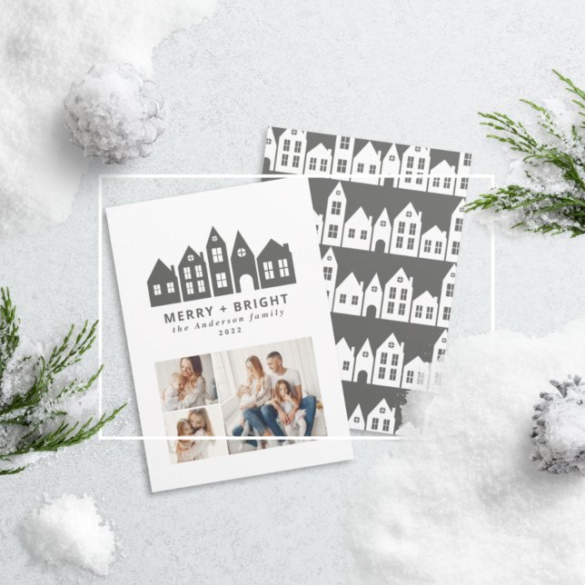 Modern minimal Christmas Nordic houses 3 photo Holiday Card (Creator Uploaded)