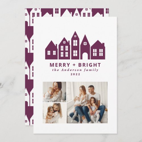Modern minimal Christmas purple houses 3 photo Holiday Card