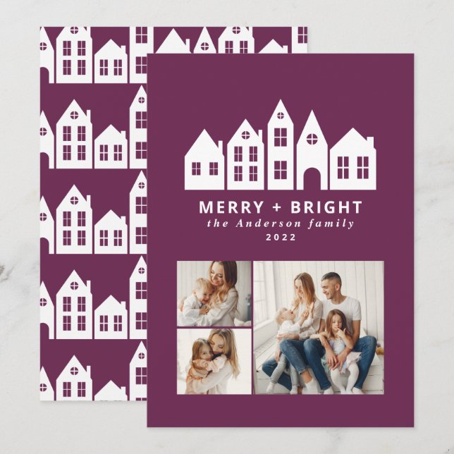 Modern minimal Christmas purple houses 3 photo Holiday Card (Front/Back)