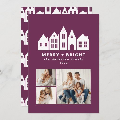 Modern minimal Christmas purple houses 3 photo Holiday Card