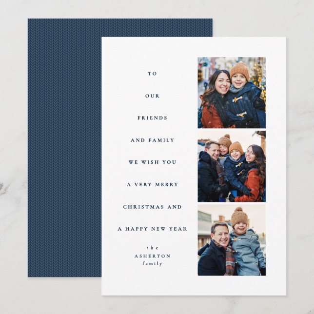 Modern minimal Christmas tree three photo navy Holiday Card (Front/Back)