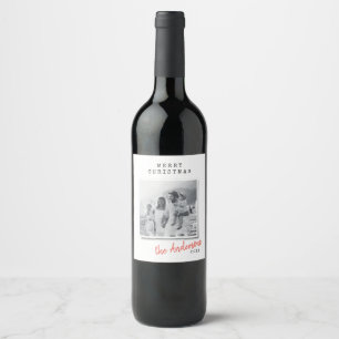 Modern minimal Christmas vintage family photo Wine Label