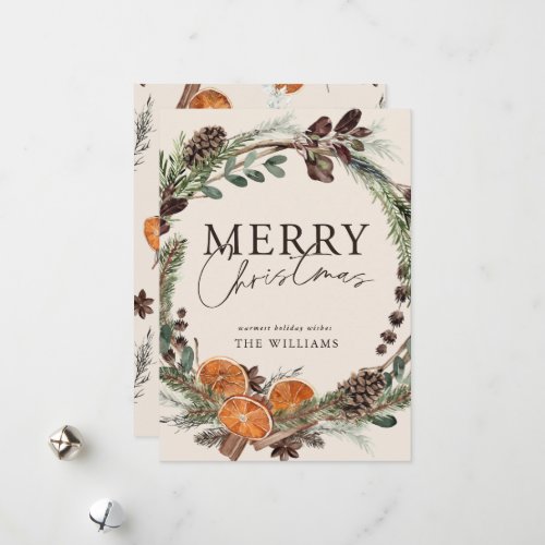 Modern Minimal Citrus Wreath Script Christmas Holiday Card