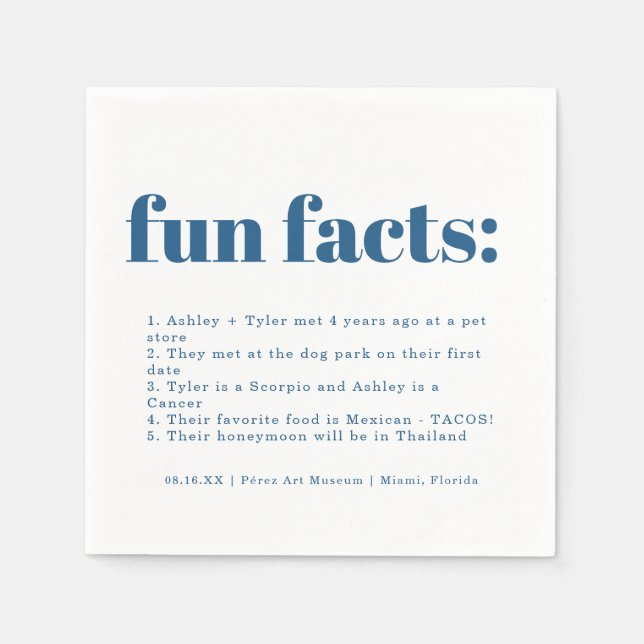 Modern Minimal Classic Blue | Fun Facts Wedding Napkins (Front)
