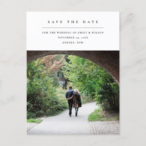 MODERN MINIMAL CLEAN CUSTOM PHOTO SAVE THE DATE ANNOUNCEMENT POSTCARD