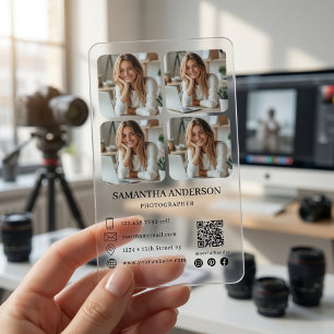 Modern Minimal Clear Acrylic Photo Collage QR Code Business Cards
