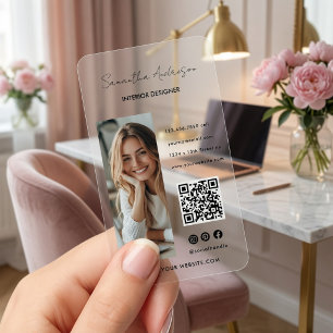 Modern Minimal Clear Acrylic Photo QR Code Business Cards