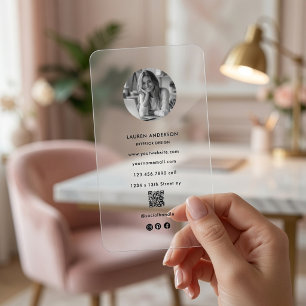 Modern Minimal Clear Acrylic Photo QR Code Business Cards