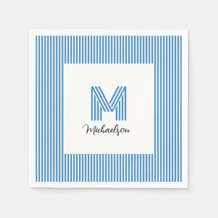 Modern Minimal Coastal Blue Stripes Monogram Napkins