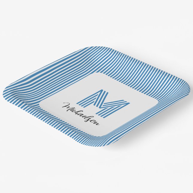 Modern Minimal Coastal Blue Stripes Monogram Paper Plates (Angled)