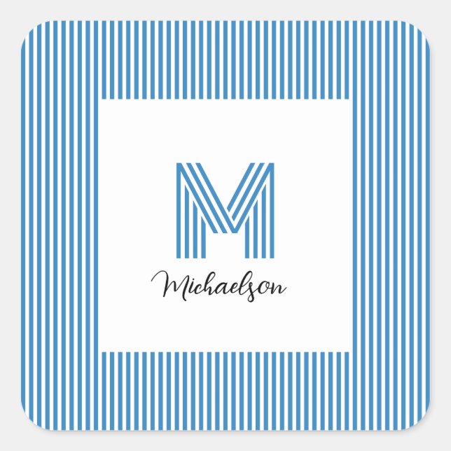 Modern Minimal Coastal Blue Stripes Monogram Square Sticker (Front)