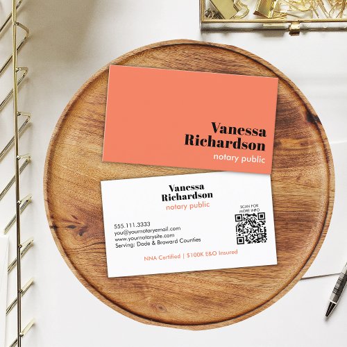 Modern Minimal Coral Chic Notary Public QR Code Business Card