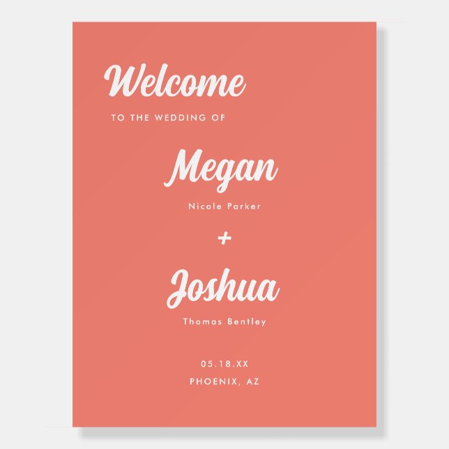 Modern & Minimal Coral Pink Script Wedding Welcome Foam Board (Front)