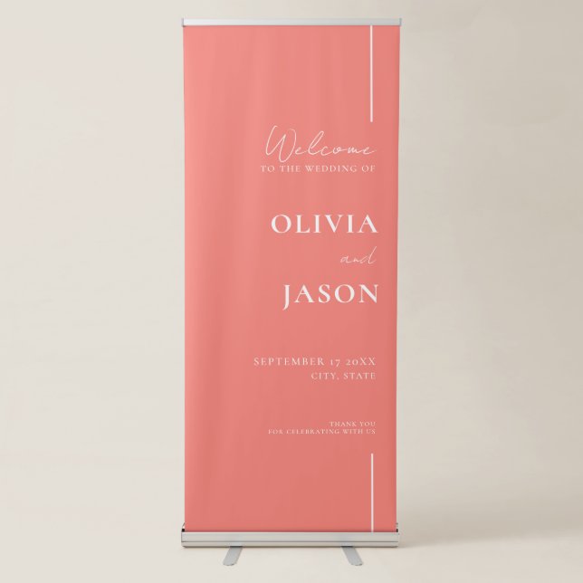 Modern Minimal Coral Pink Wedding Welcome Retractable Banner (Front)