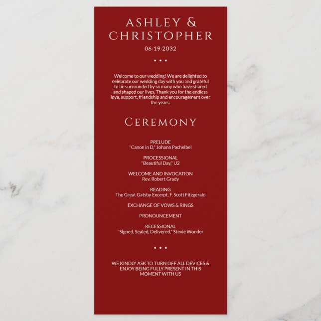 Modern Minimal Crimson Red Wedding Ceremony Program (Front)