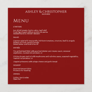 Modern Minimal Crimson Red Wedding Reception Menu