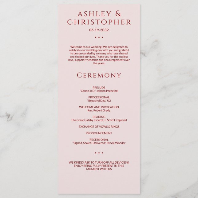 Modern Minimal Crimson & Rose Wedding Ceremony Program (Front)