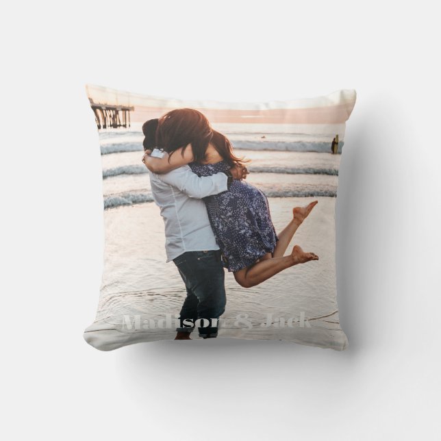 Modern Minimal Custom Photo and Names Throw Pillow (Front)
