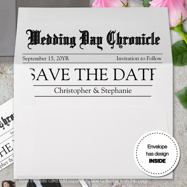 Modern Minimal Customized Newspaper Save the Date Envelope (Personalized Elegant Script Stylish Newspaper Save the Date Envelope)