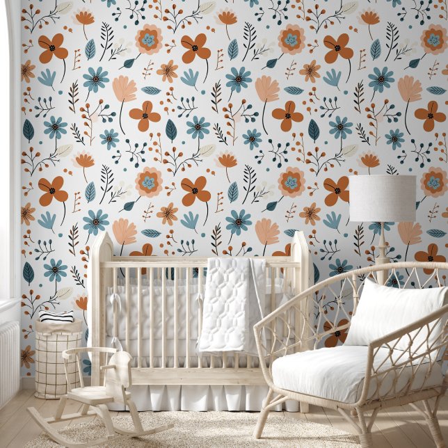 Modern Minimal Cute Boho Flowers Floral Nursery Wallpaper (Kids)
