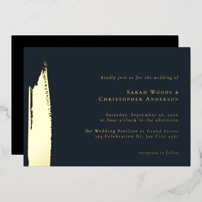 Modern Minimal Dark Blue Gold Paint Wedding  Foil Invitation (Front/Back)