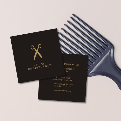 Modern Minimal Dark Faux Gold Hair Stylist Square Business Card